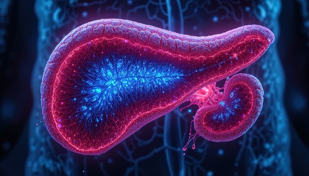 Digital representation of the human pancreas shows glowing cellular structures and internal networks.