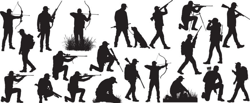 Hunters silhouette collection in Various Poses, isolated in white background, vector illustration