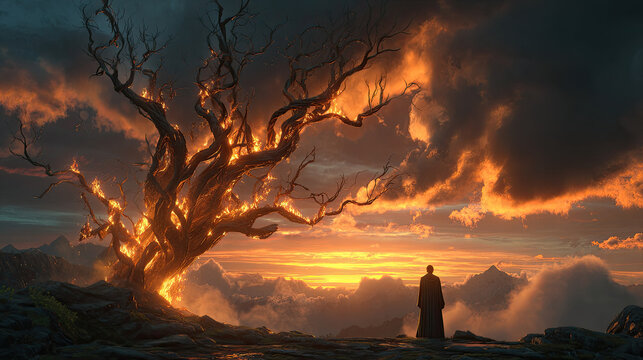 Dramatic biblical scene of moses and burning bush concept. A dramatic sunset behind a twisted, fiery tree silhouette.