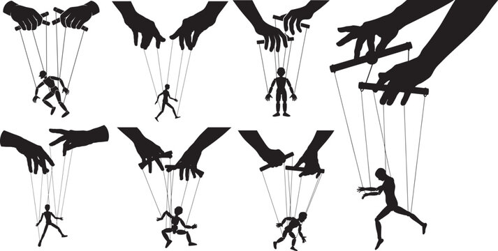 marionette puppet controlled by human hands on strings, silhouettes vector set,