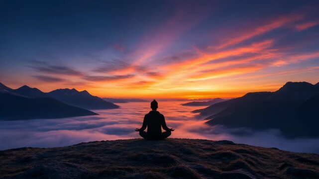 A silhouette of a person sits in a meditative pose atop a mountain peak, their character defined by the serene sunset landscape clouds and the vast horizon stretching into the distance.