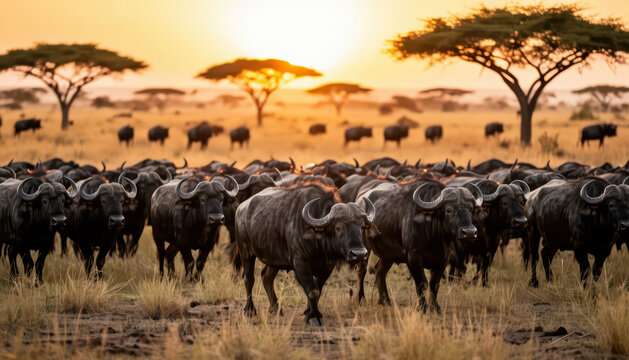 A herd of buffaloes moves through the tall grass under a sunset sky. The buffaloes are silhouetted against the vibrant colors of the setting sun.
