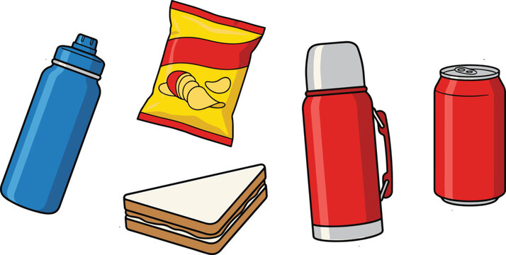 An assortment of common lunch items including a water bottle, chips, sandwich, thermos, and soda can.