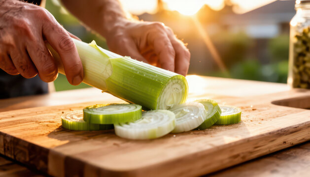 A man slices fresh celery on a cutting board. The man focuses on cutting the celery while the sun sets in the background, illuminating the scene.