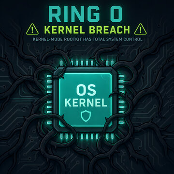 A menacing rootkit breaches the OS kernel, symbolized by thorny vines engulfing a central processor chip.