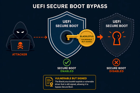 Illustration shows an attacker bypassing UEFI Secure Boot using a signed but vulnerable driver. Infographics.