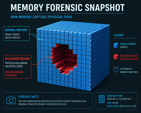A 3D representation of a memory forensic snapshot showing normal and hollowed regions. Infographics.