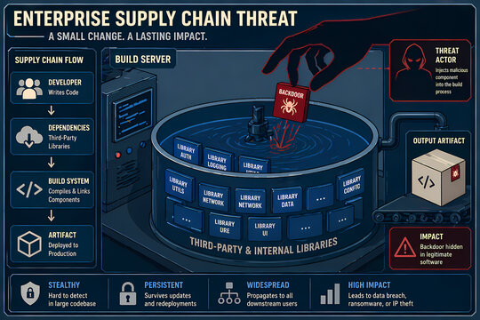 Illustration of a software supply chain threat where a backdoor is injected into the build process. Infographics.