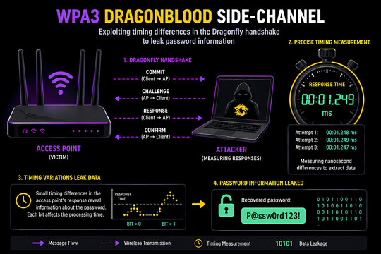 Exploiting Wi-Fi vulnerabilities through side-channel attacks to reveal passwords. Infographics.