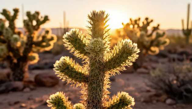 A cholla cactus stands prominently in the foreground as the sun sets behind other cacti. This desert landscape is illuminated by the warm light of the setting sun.