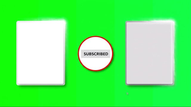 Vibrant green screen background featuring a central red 'SUBSCRIBED' button with a bell icon, flanked by two blank white digital frames, ideal for multimedia overlay graphics and interface design