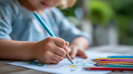 Naklejka premium Close-up of a child's hands drawing a star map on white paper, imagination and astronomy concept, creative childhood activity, children's day wonder, defocused background, with copy space