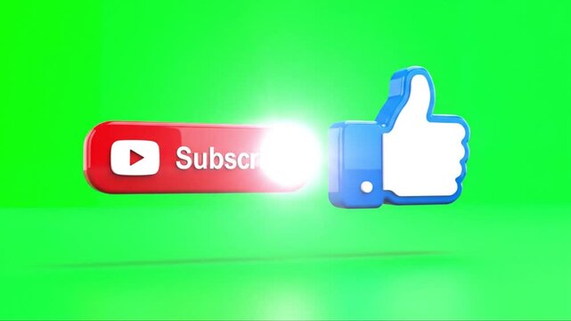 Dynamic visual prompt for digital content engagement animated glowing subscribe and like buttons on a vibrant green screen background, encouraging audience interaction and channel growth