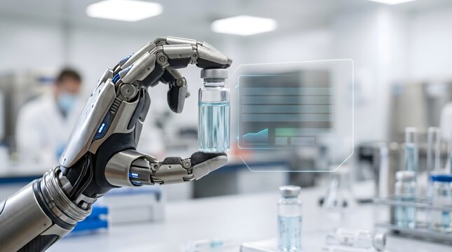 Robotic hand holding vaccine vial with holographic data display