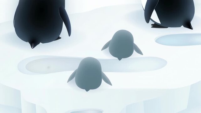 Two adult penguins and two chicks rest on a pristine white iceberg with the chic, frozen Antarctic landscape. This beautiful illustration captures a peaceful family moment in the cold wild.