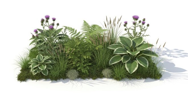 Lush garden flowerbed with hostas and ferns, vibrant green ornamental plants on white background, decorative landscaping border with purple thistles