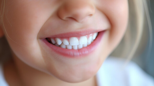 Close-up of a child's healthy white smile close-up, children's dental care concept, milk teeth health, bright childhood smile, with copy space