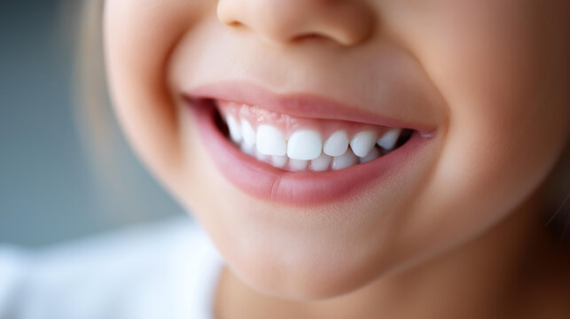 Close-up of a child's healthy white smile close-up, children's dental care concept, milk teeth health, bright childhood smile, with copy space