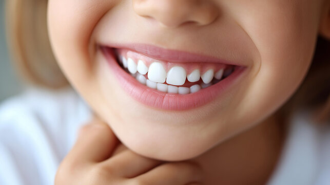 Close-up of a child's healthy white smile close-up, children's dental care concept, milk teeth health, bright childhood smile, with copy space