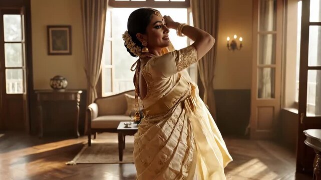 Elegant Indian Woman Wearing Traditional Gold Silk Saree in Vintage Room