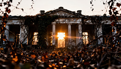 Naklejka premium The abandoned building features columns and vines. Sunlight shines through the windows of the old building, highlighting the decay of the building's structure.