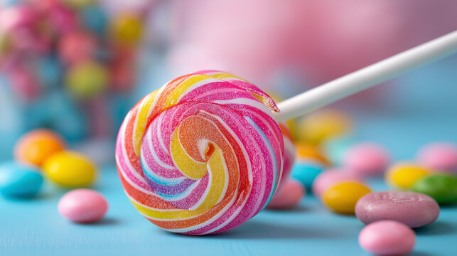 Close-up of colorful candy and lollipop arrangement on a pastel background, sweet children's day treat concept, party candy display, kids celebration sweets, with copy space