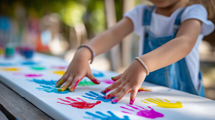 Obraz premium Close-up of a child's hands pressing colorful paint stamps onto a canvas, art therapy concept, creative self-expression, children's day activity, defocused background, with copy space
