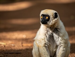 Fototapeta premium Sifaka lemur with bright orange eyes sitting in the forest