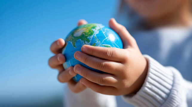 Close-up of child hands holding a small globe together against a blue sky, world children's day concept, global unity, multicultural childhood symbol, defocused background, with copy space