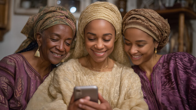 Family unit of three generations of Nigerian-British women styling traditional gele headwraps together in a London front room, diaspora cultural identity expressed through fabric textures, laughter,