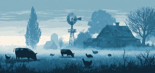 Fototapeta premium A farm with silhouettes of animals like cows, pigs, and chickens in front of an old farmhouse on the horizon.