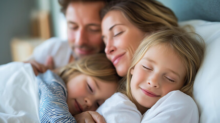 Obraz premium Overhead flat lay of a family lying together in bed hugging, parents and children resting concept, family day celebration, children's and mother's day, defocused background, with copy space