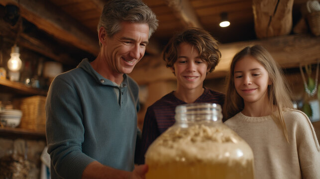 Family watching father demonstrate home brewing beer process over kitchen counter with fermentation airlock, home craft education, hobby sharing, intergenerational activity, DIY culture, weekend pro