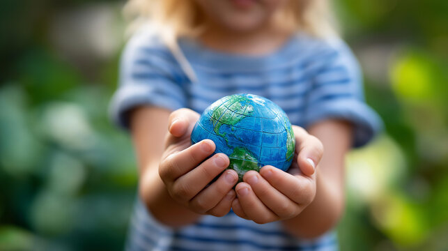 Close-up of child hands patting a small globe held between two palms, global children concept, world unity symbol, future generation awareness, defocused background, with copy space