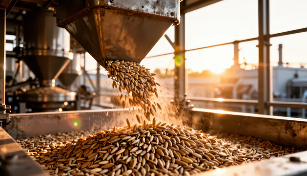 Grains flow from a machine into a large container. The scene captures the industrial operation of grain processing at sunset, highlighting the golden grains.