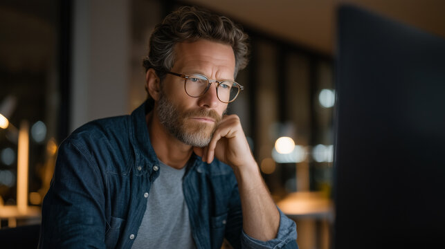 Middle-aged software architect at a wide dual-monitor workstation where an AI assistant has autofilled an entire class hierarchy incorrectly, the developer leaning in to trace the logic error line b