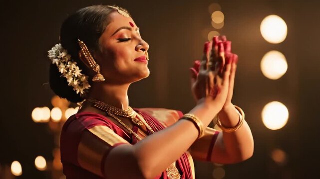 Traditional Indian Woman in Red Sari Performing Classical Dance