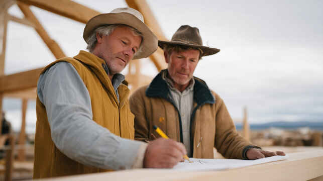 Two senior timber framers study a hand-drafted roof plan pinned to a laminated board mounted on a framing wall, pencils tucked behind ears, measuring tape extended across the top plate of a large ru