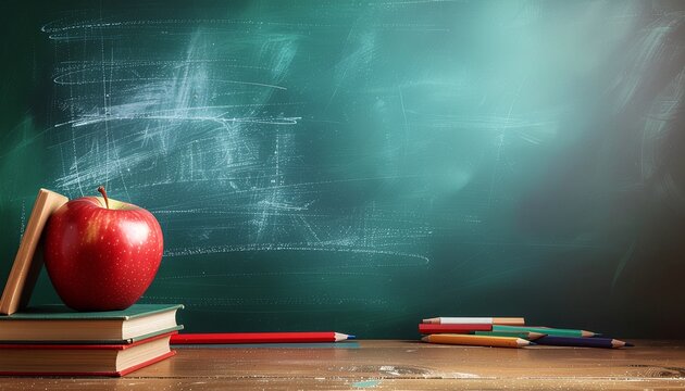 Teacher appreciation day background with fresh red apple, textbooks, and colored pencils in classroom setting.