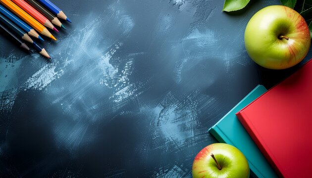 Education background with school supplies and large central copy space on blue artistic texture