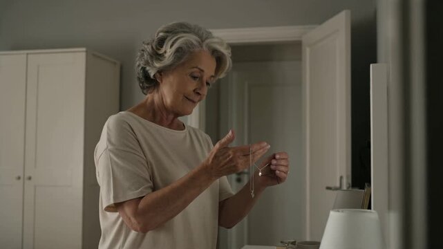 Thoughtful Senior Woman Examining a Cherished Necklace in Her Bedroom, Reflecting on Memories with