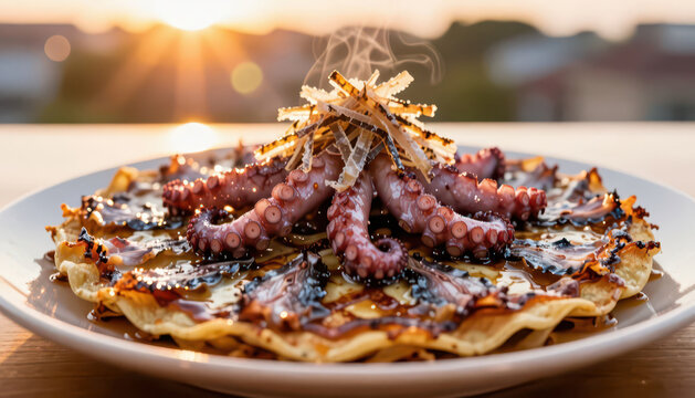 The plate showcases octopus artfully arranged on a base, capturing an elegant culinary scene. The sunlight highlights the textures and colors of the octopus, enhancing its visual appeal.