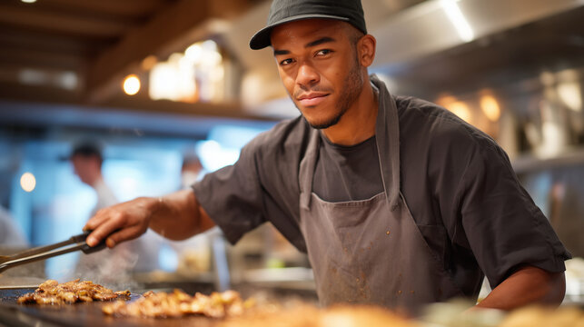Line cook in a cramped restaurant kitchen gripping tongs over a roaring flat-top grill during dinner rush, sweat on their forehead, expeditor shouting orders in background, stainless steel surfaces 