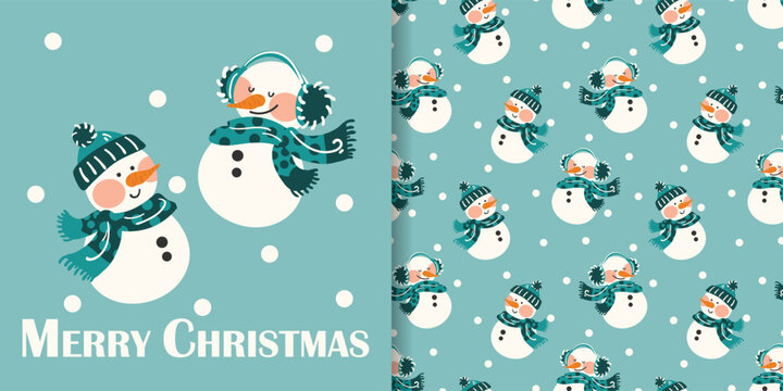 Christmas snowman banner and seamless pattern set with falling snow. Cute snowmen with winter hats and scarves repeat pattern on turquoise background.