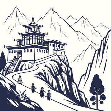 Temple complex in mountain valley stylized illustration with people high quality