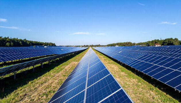 Solar panels in renewable energy field, photovoltaic system generating clean electricity in rural landscape under blue sky