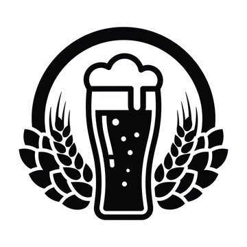 Black silhouette of beer glass with hops and circle on white background