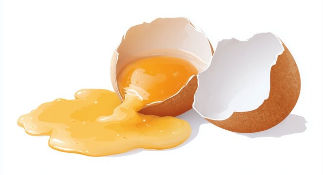 Cracked open eggshell with the yolk running out, a vector illustration on a white background.