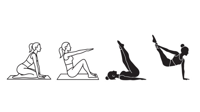 Pilates Exercise Sequence and Yoga Poses Silhouette Set, Woman Stretching and Core Training Workout Icons for Fitness Guide