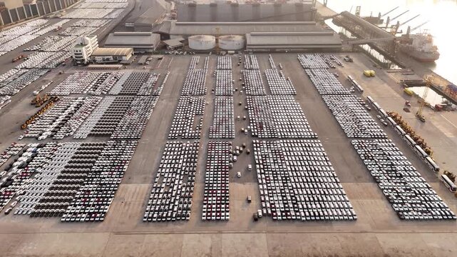 new cars and heavy agricultural machinery parked in lines at an automotive port terminal or factory lot. Vehicle export, import logistics, and automotive manufacturing industry.